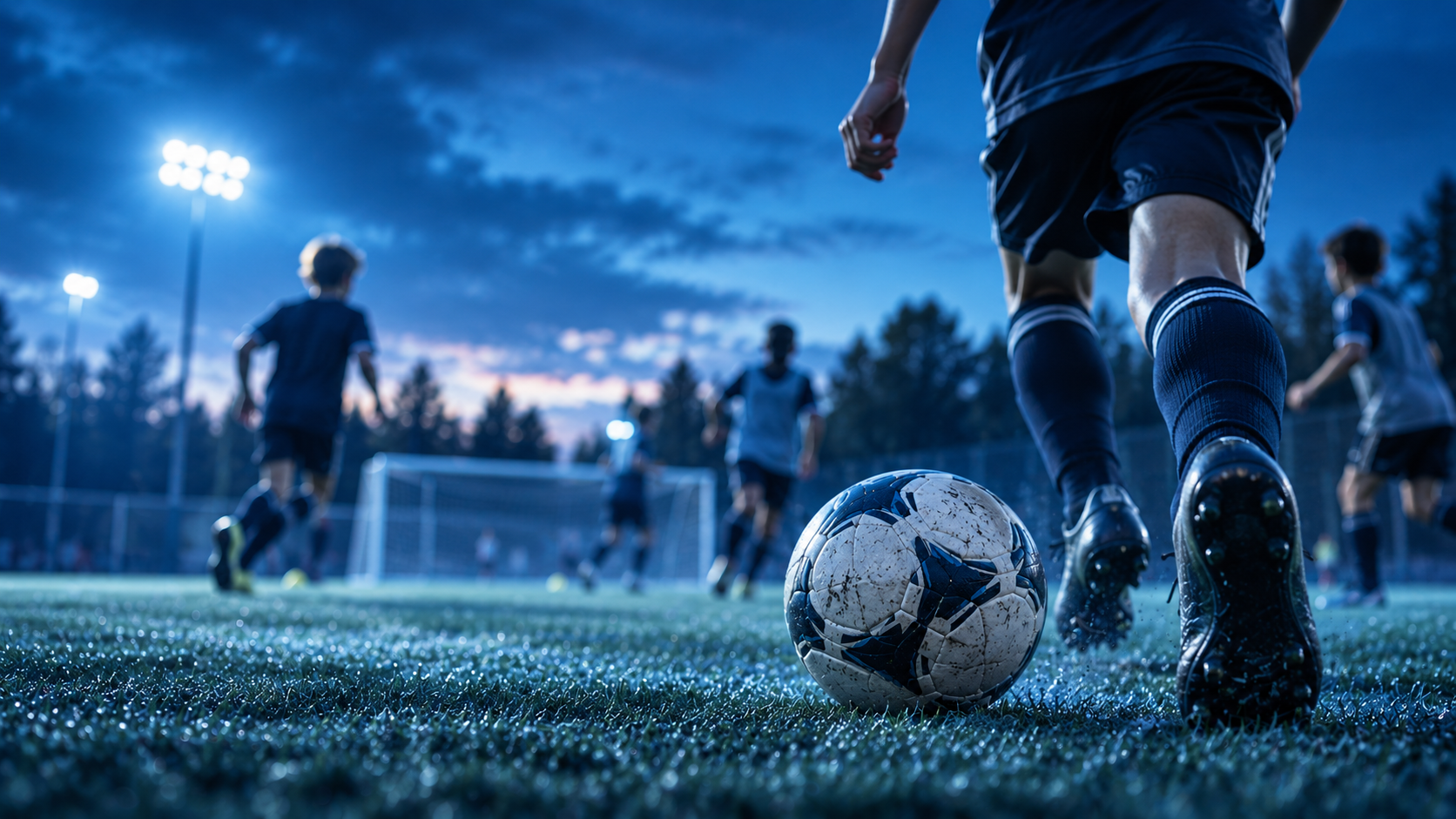 Ungdomslag som spelar fotboll på en konstgräsplan i kvällsljus